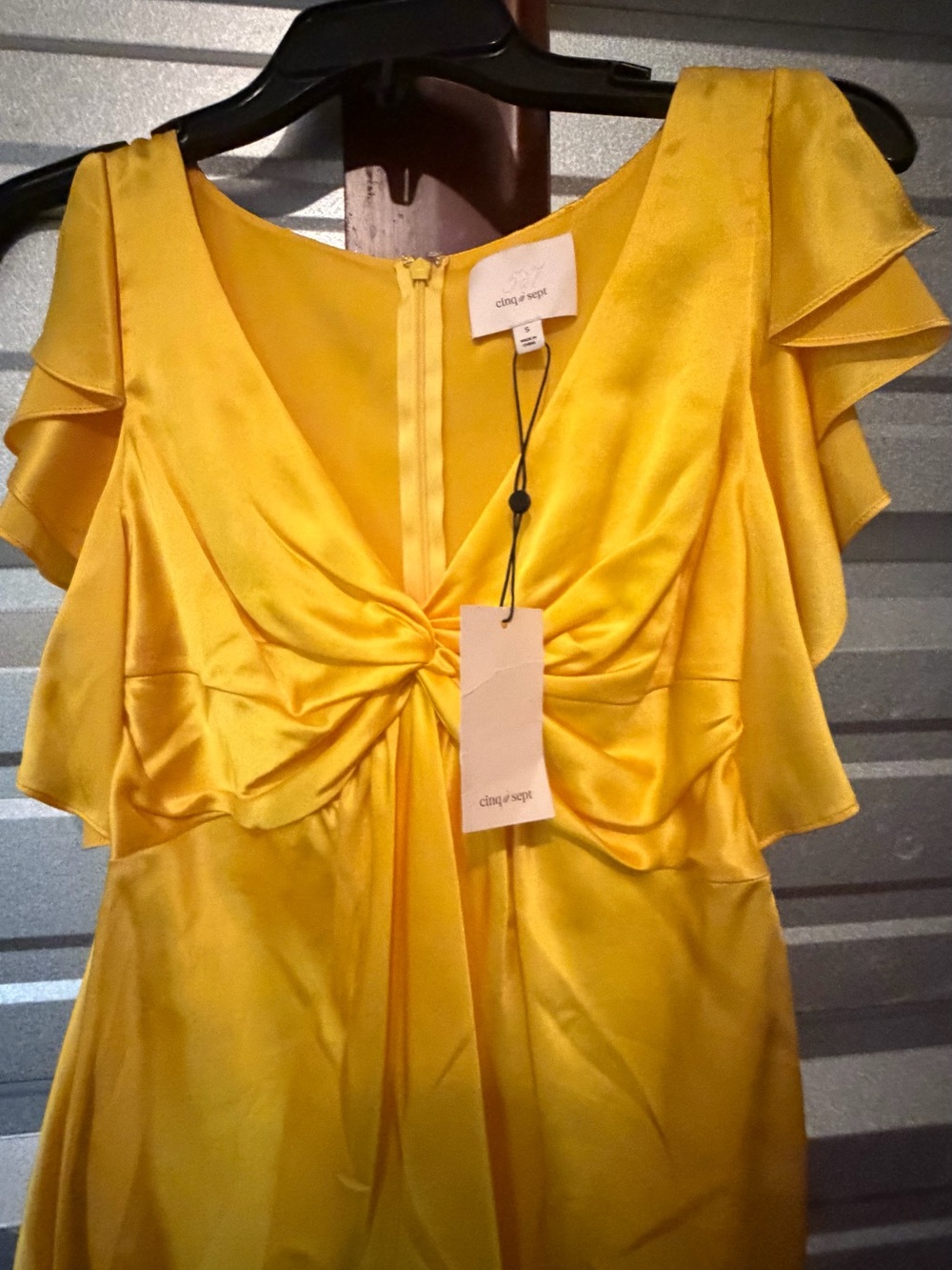 cinq a sept bright yellow satin knot-front dress with flutter sleeves